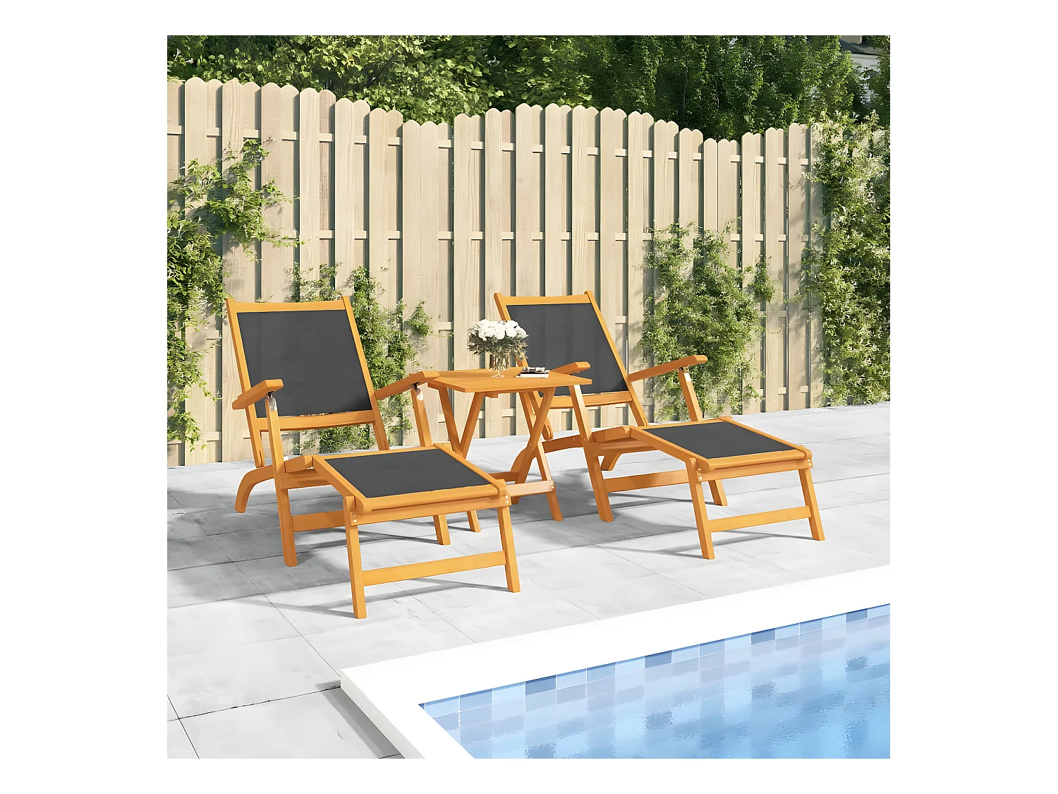 Bain de soleil d'extérieur et table Acacia massif et textilène FR36443