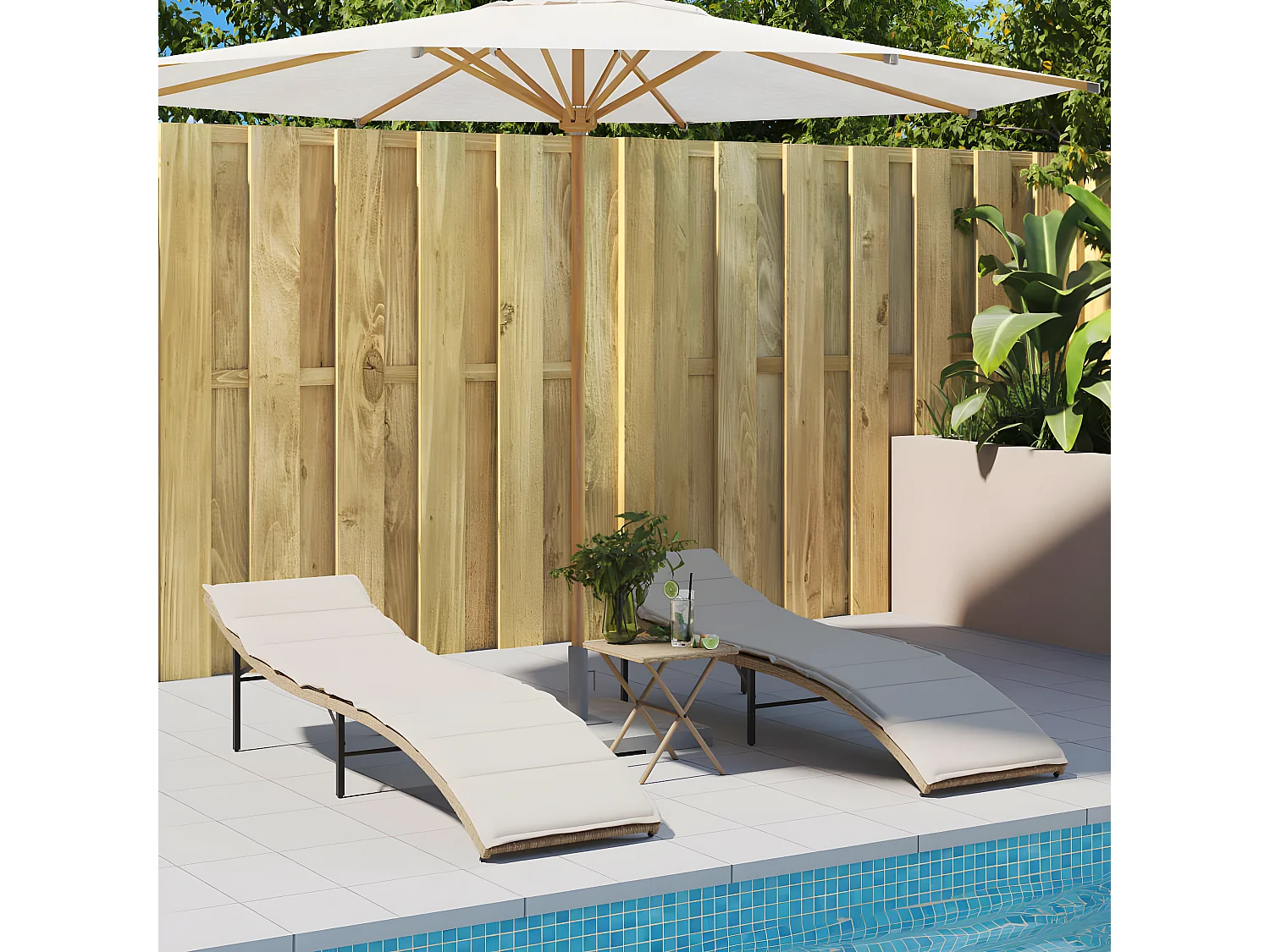 Bain de soleil avec coussin beige 55x199x50 cm résine tressée FR66876