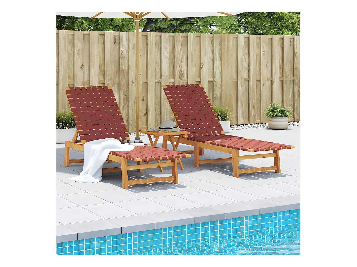 Lot de 2 Bains de soleil rouge bois d'acacia solide et tissu FR50179