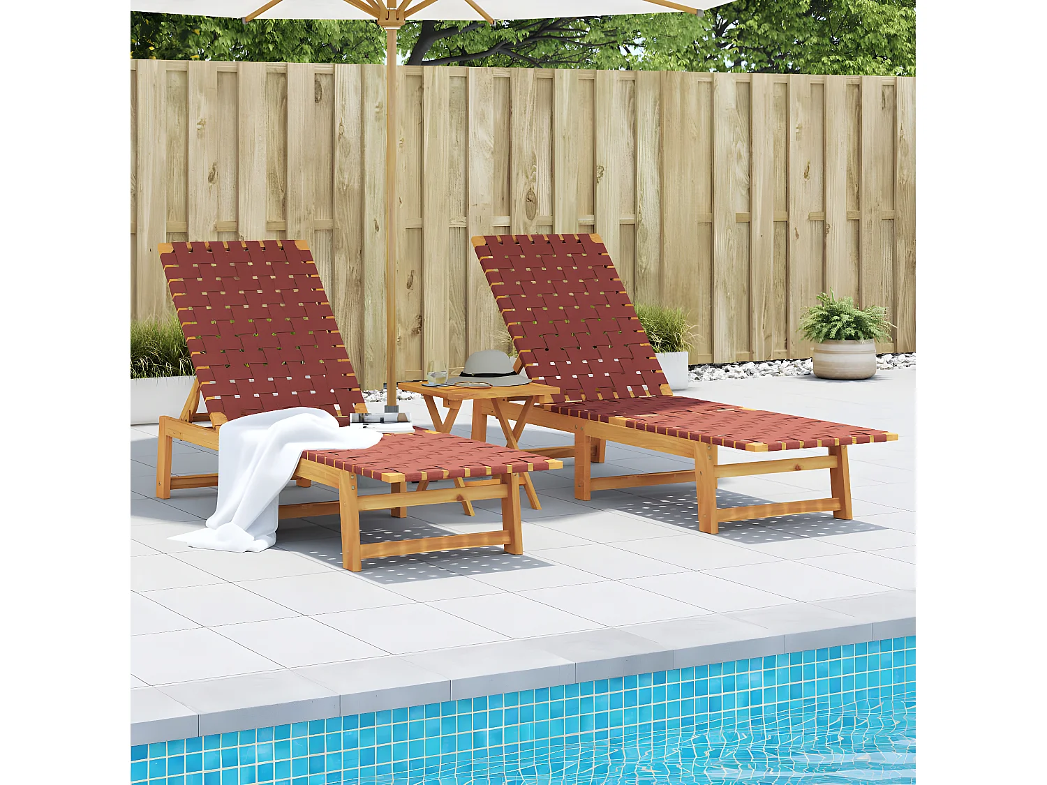 Lot de 2 Bains de soleil rouge bois d'acacia solide et tissu FR50179