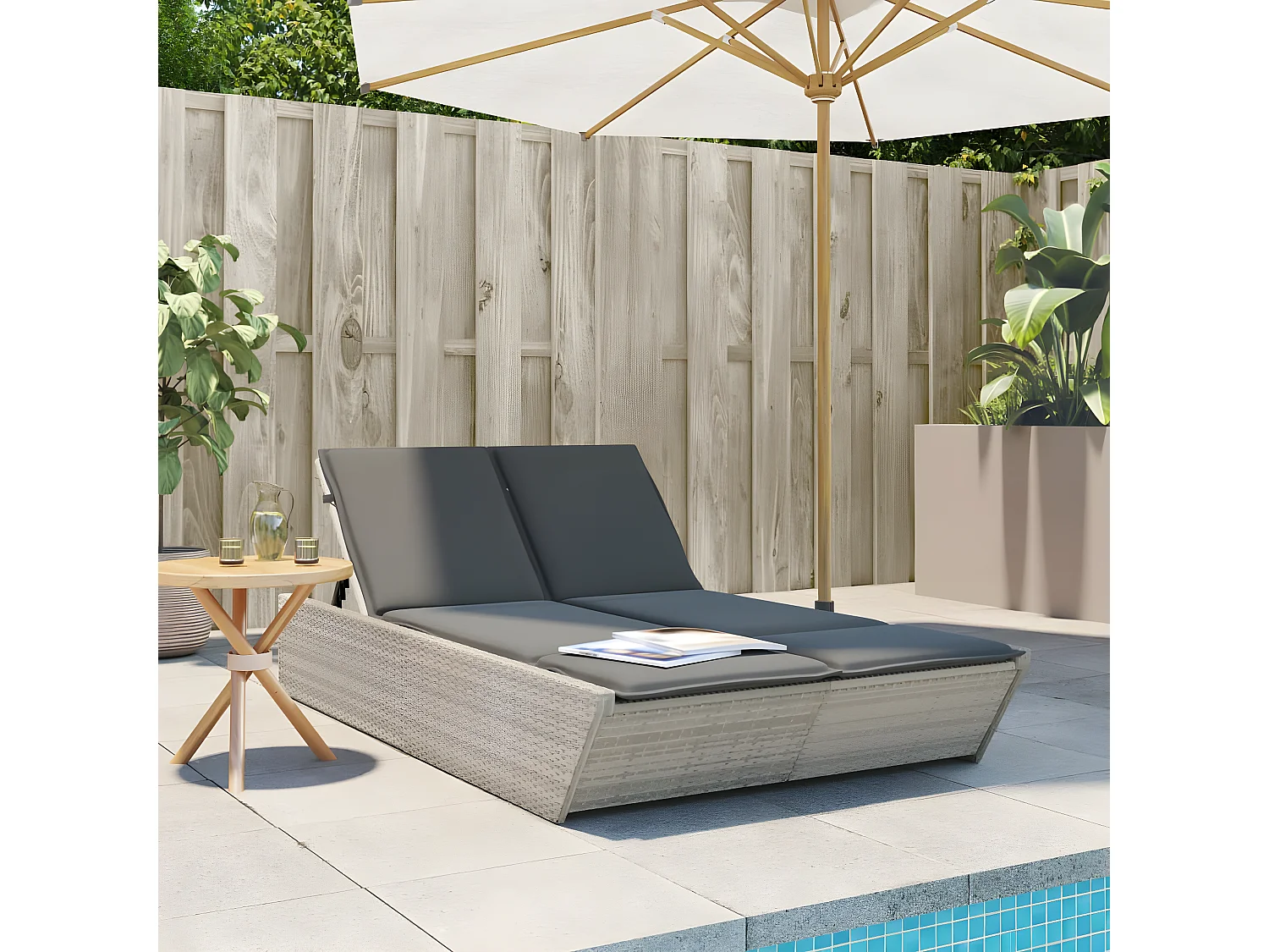 Bain de soleil double avec coussins gris clair résine tressée FR22267