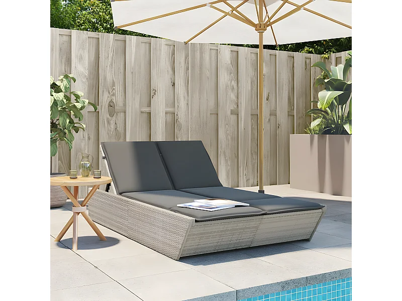 Bain de soleil double avec coussins gris clair résine tressée FR22267