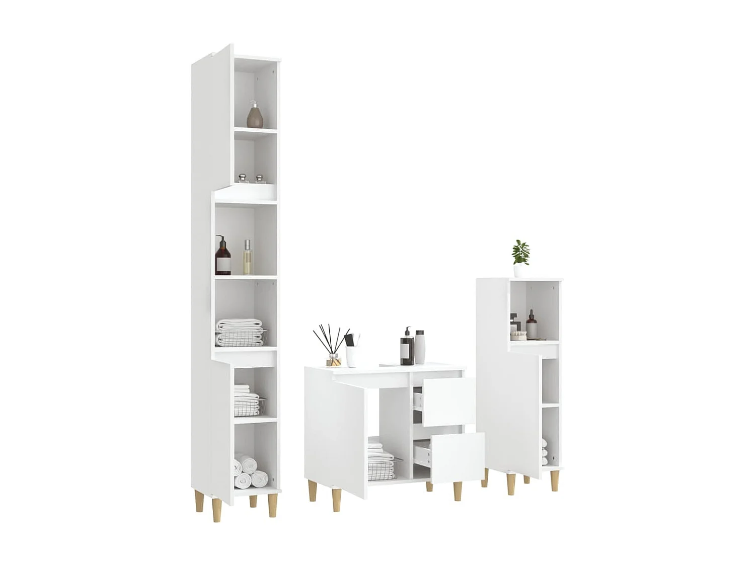 3 pcs conjunto móveis casa de banho madeira processada branco PT628861