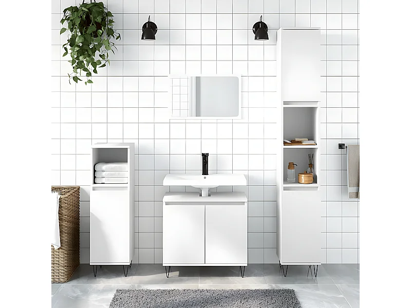 3 pcs conjunto móveis casa de banho madeira processada branco PT670304