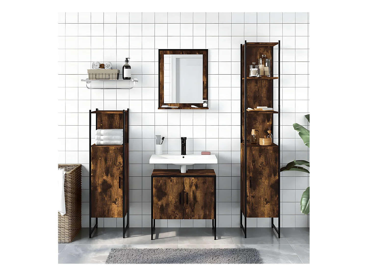 Ensemble d'armoires de salle de bain 4 pcs chêne fumé FR43313