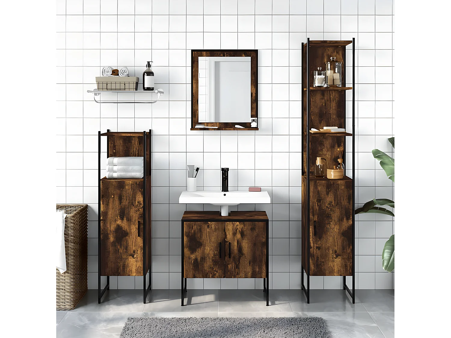 Ensemble d'armoires de salle de bain 4 pcs chêne fumé FR43313