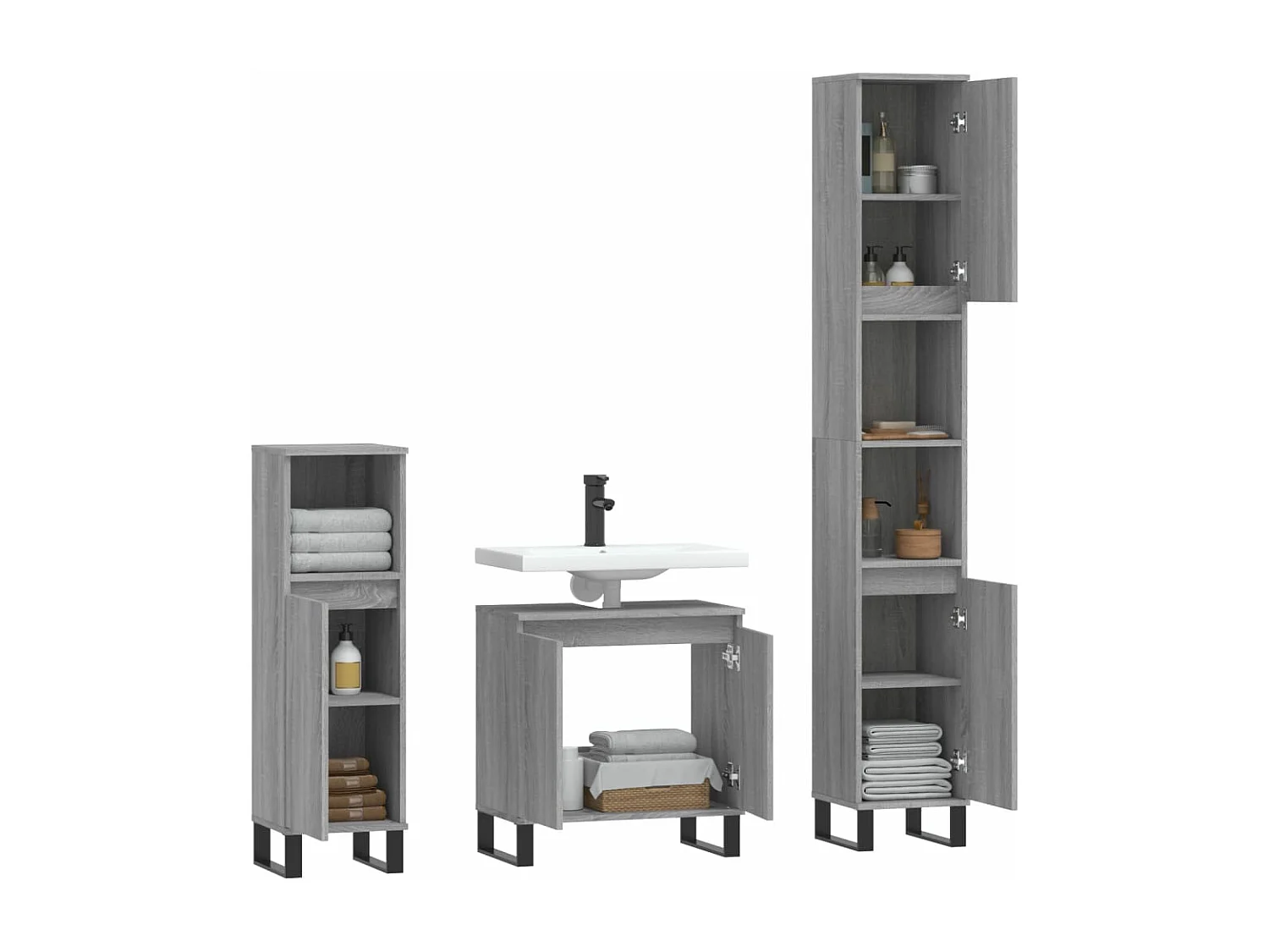 3 pcs conjunto móveis WC derivados de madeira cinzento sonoma PT380773