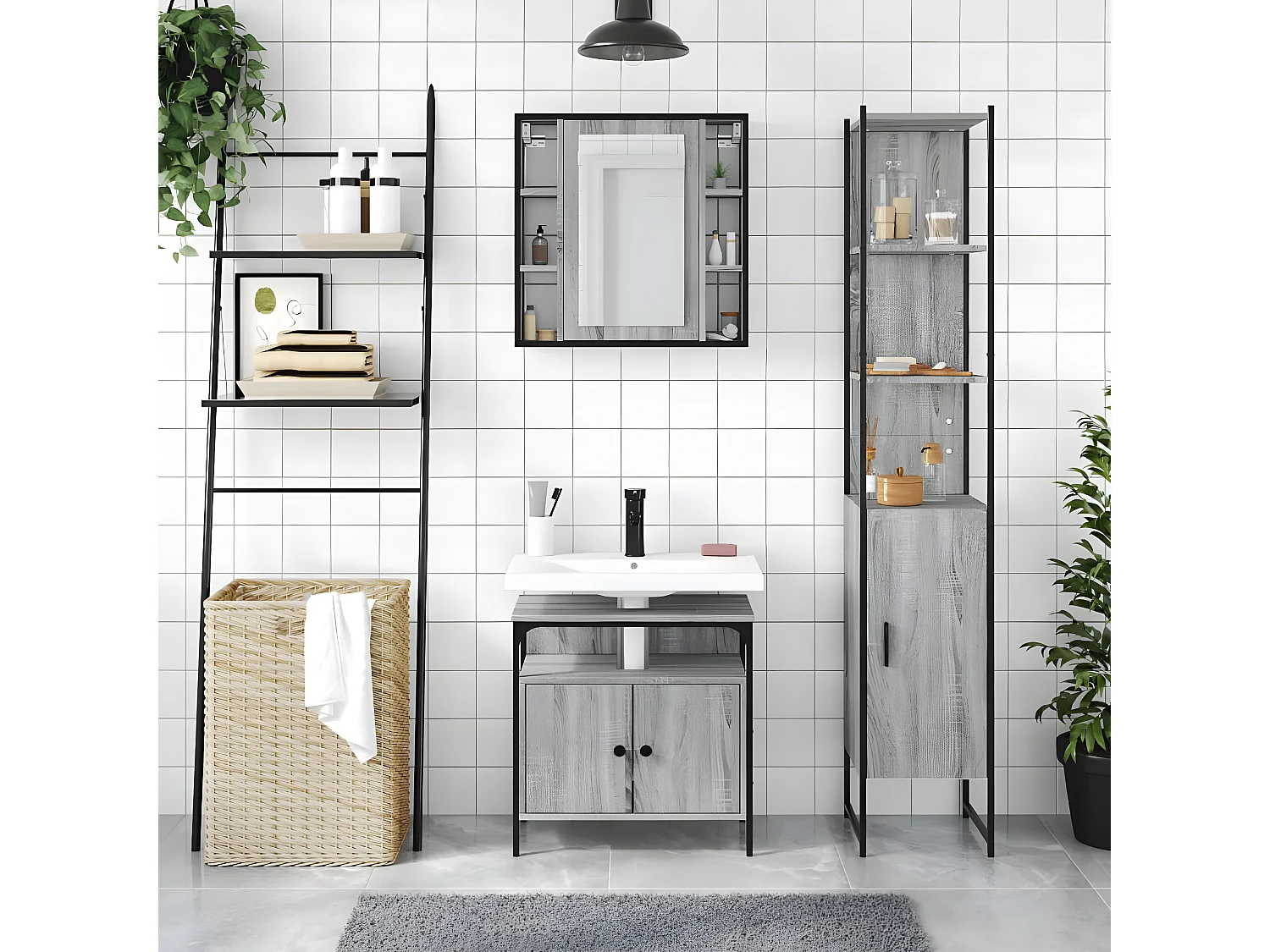 3 pcs conjunto móveis WC derivados de madeira cinzento sonoma PT800613