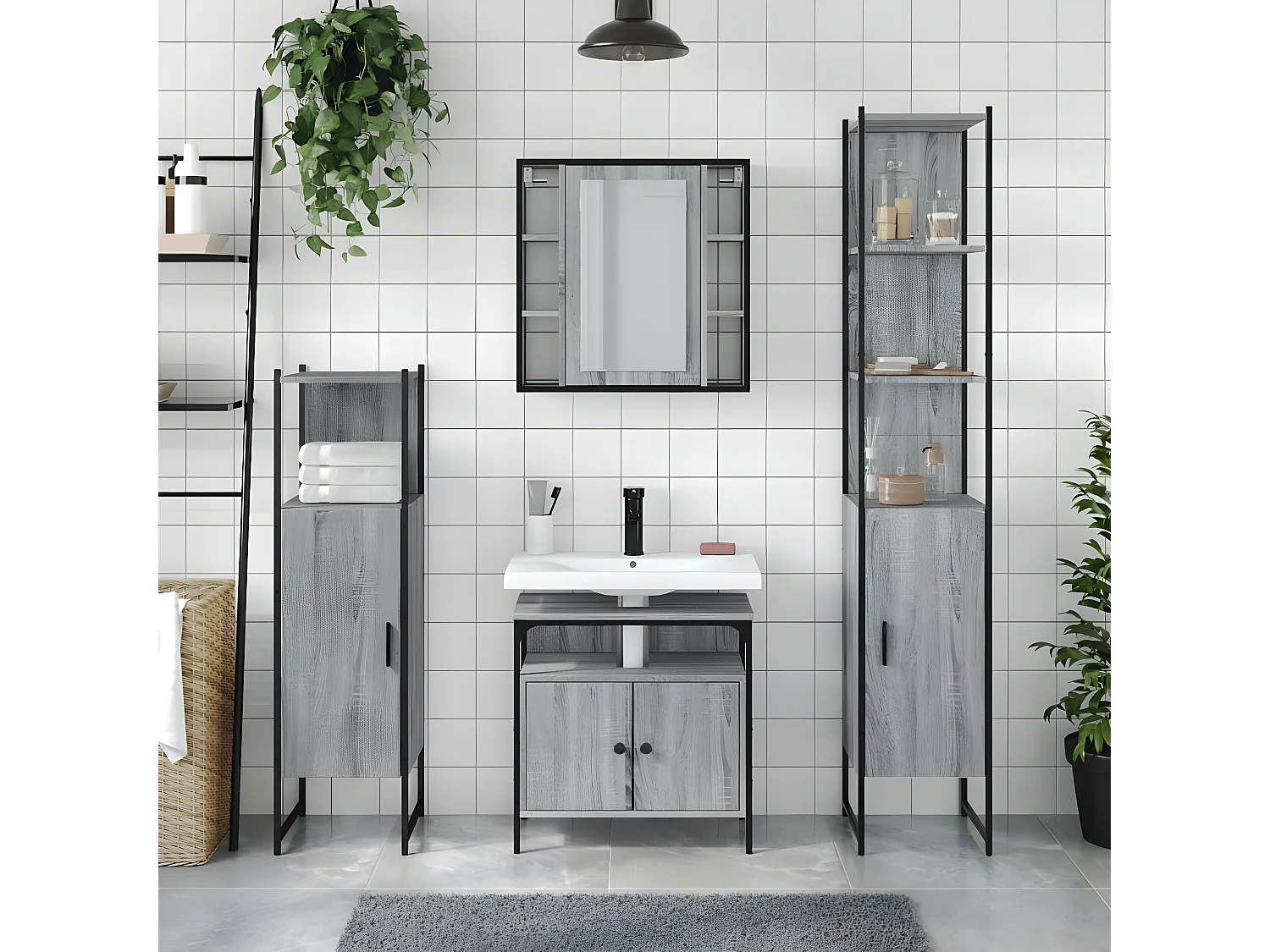 Set de armario de baño 4 pzas madera contrachapada gris sonoma ES371253
