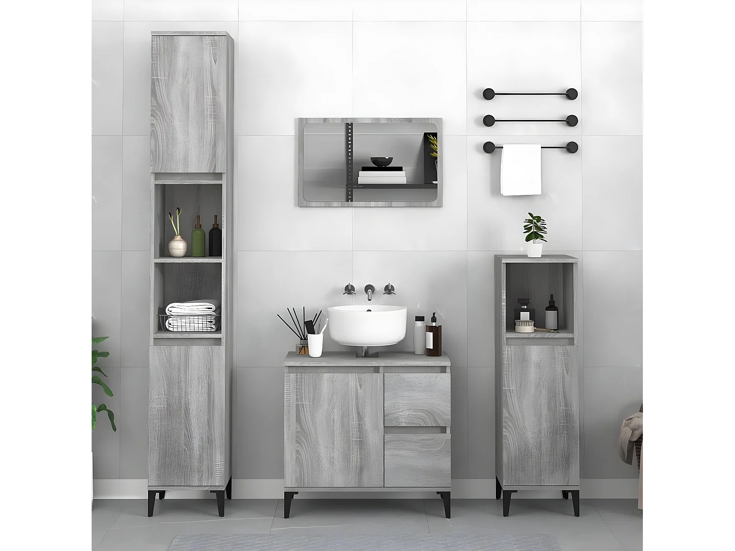 3 pcs conjunto móveis WC derivados de madeira cinzento sonoma PT453145