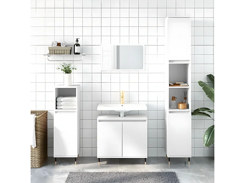 3 pcs conjunto móveis casa de banho madeira processada branco PT481638