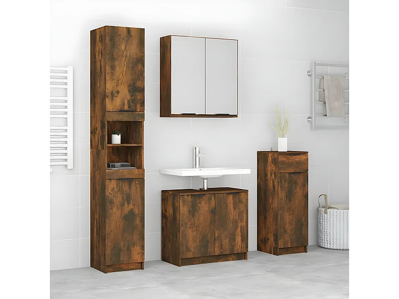 Set de muebles de baño 4 piezas madera contrachapada roble humo ES456901
