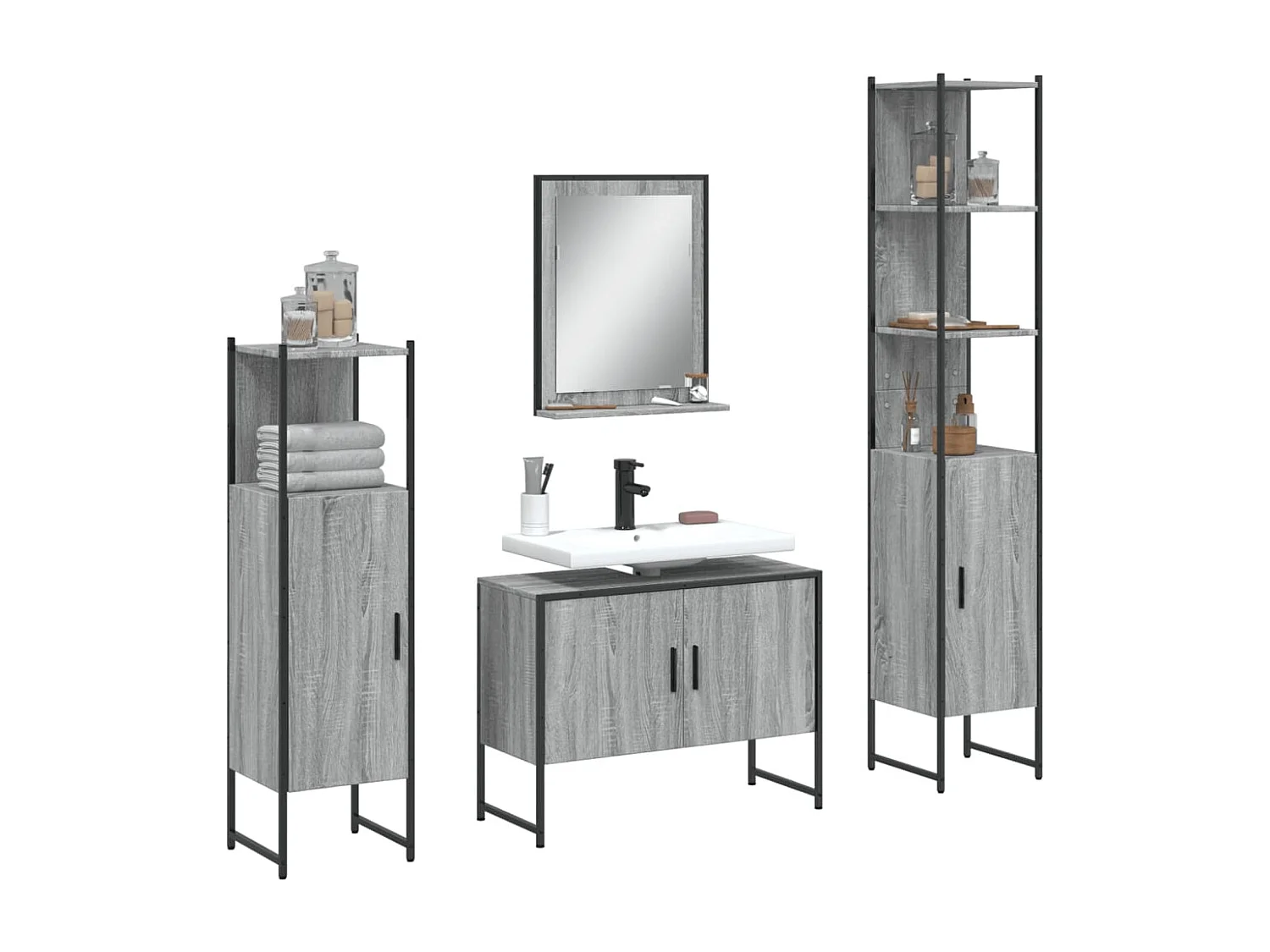 4 pcs conj. móveis casa de banho derivados madeira cinza sonoma PT930719