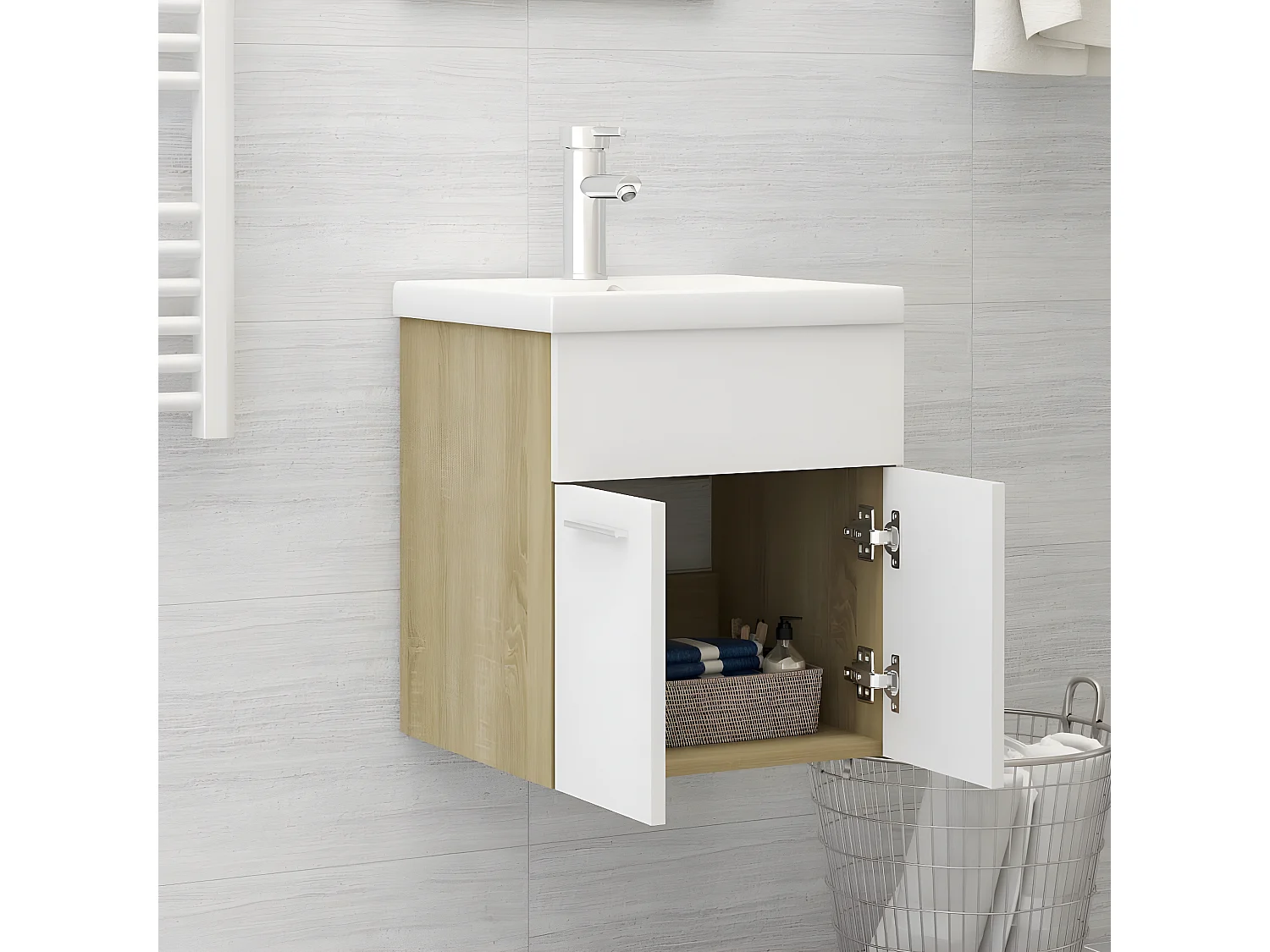 Armoire avec lavabo intégré Blanc/chêne sonoma Aggloméré FR73547