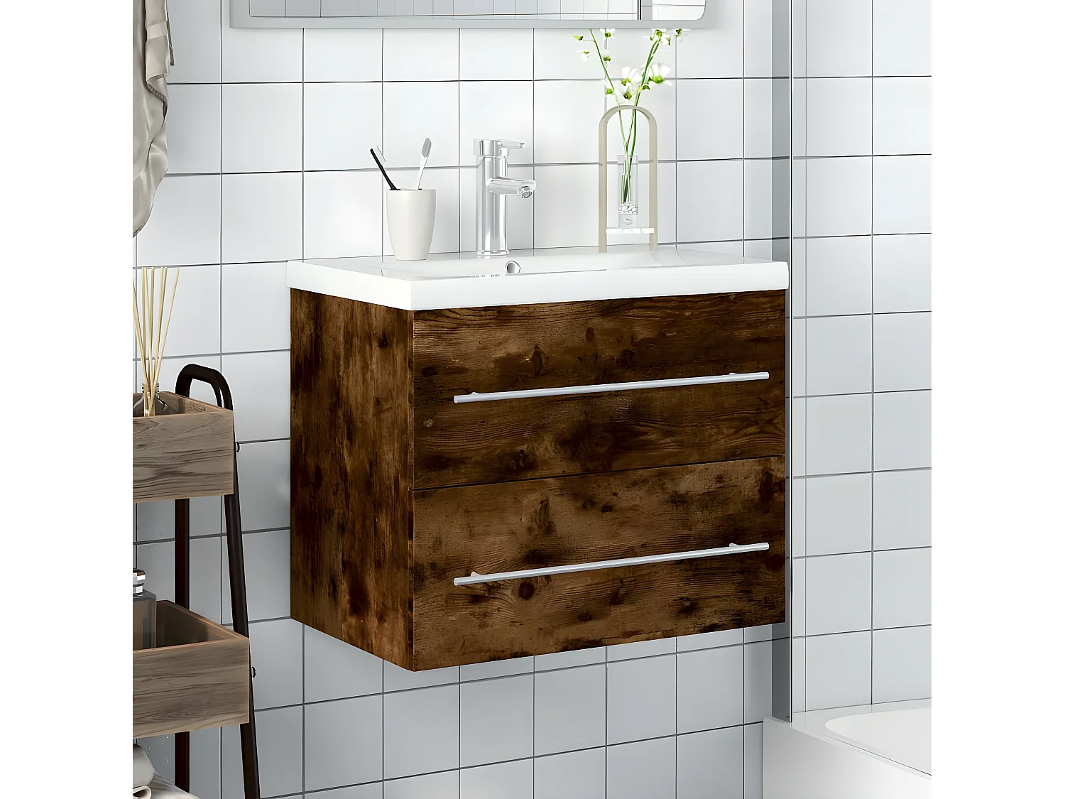 Armoire avec lavabo intégré chêne fumé FR76075