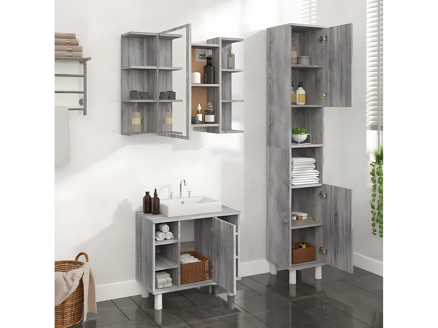 Set de muebles de baño 3 pzas madera contrachapada gris sonoma ES168867