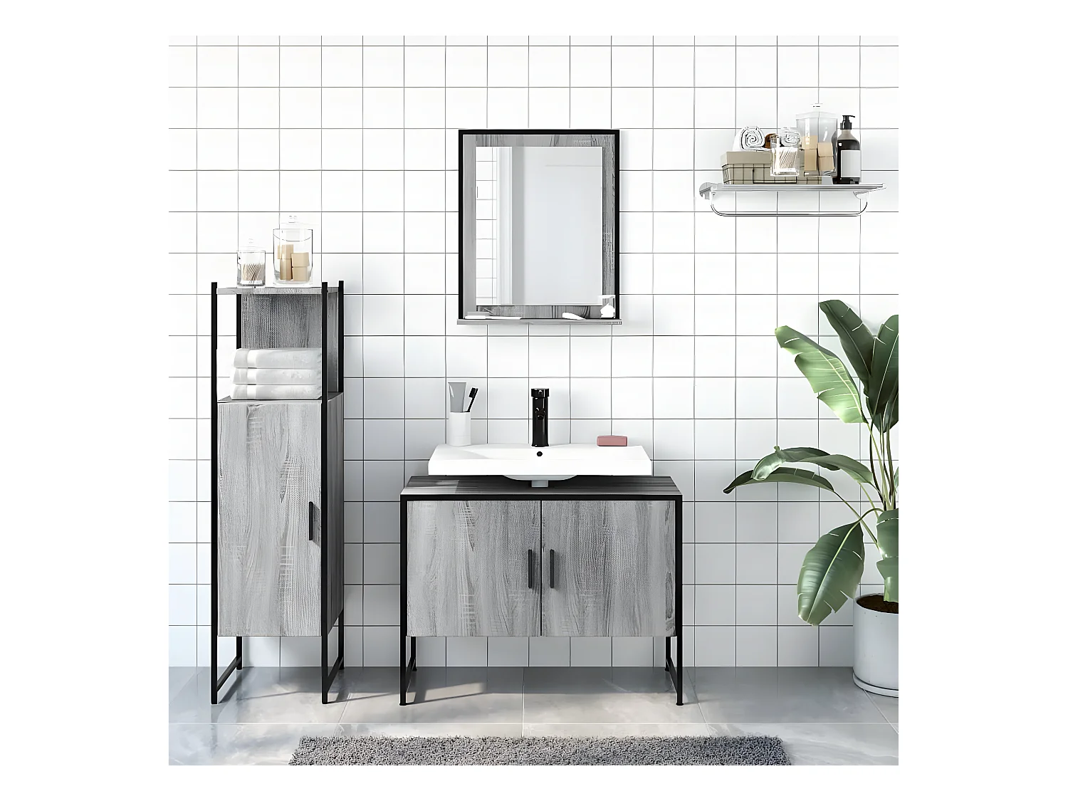 Ensemble d'armoires de salle de bain 3 pcs sonoma gris FR33980