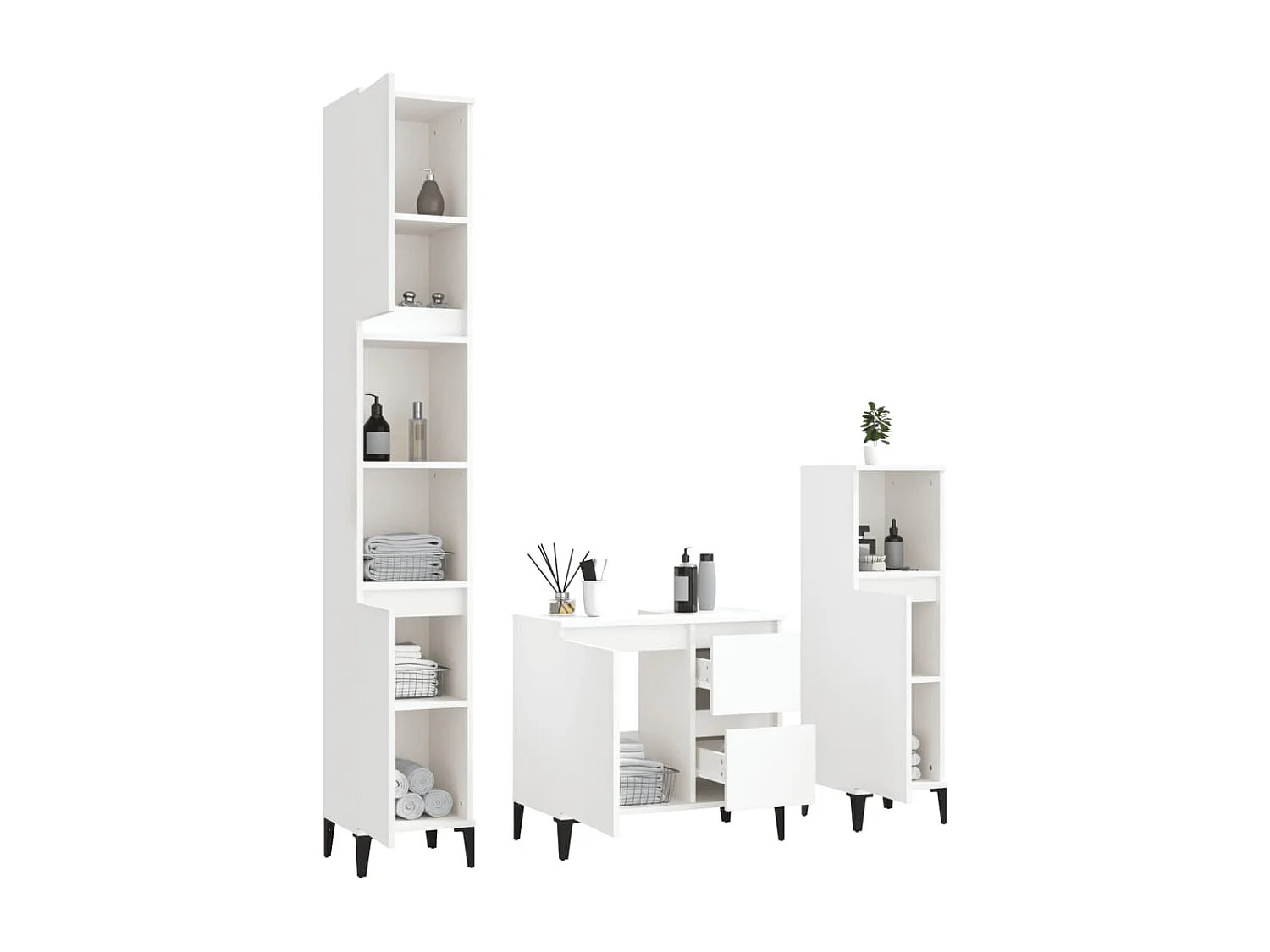 3 pcs conjunto móveis casa de banho madeira processada branco PT500948