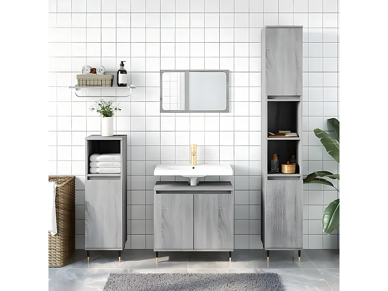 3 pcs conjunto móveis WC derivados de madeira cinzento sonoma PT155075