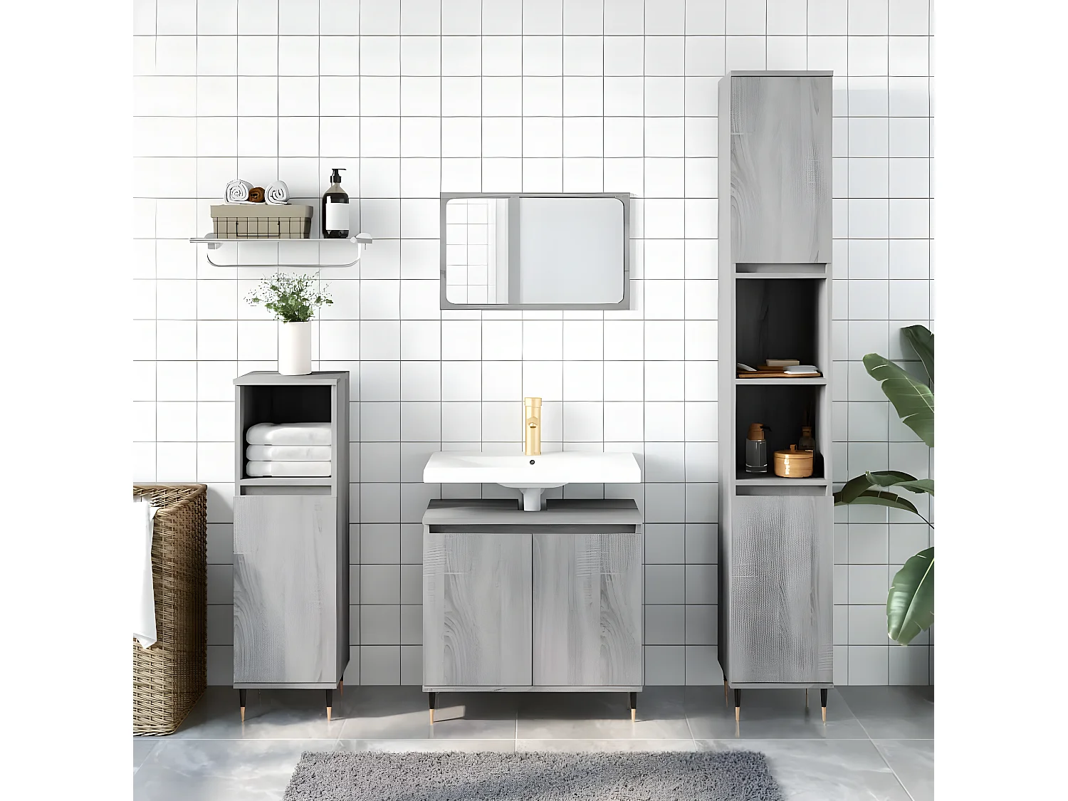 3 pcs conjunto móveis WC derivados de madeira cinzento sonoma PT155075