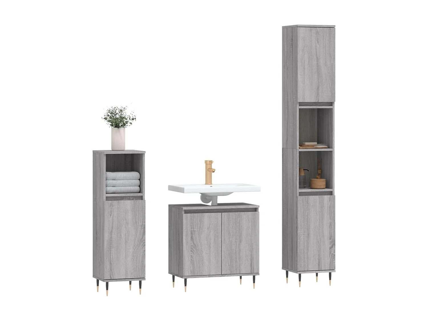 3 pcs conjunto móveis WC derivados de madeira cinzento sonoma PT155075