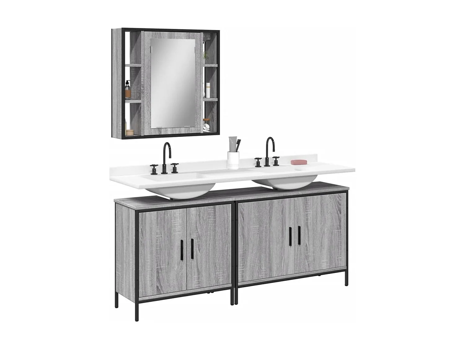 3 pcs conjunto móveis WC derivados de madeira cinzento sonoma PT105872