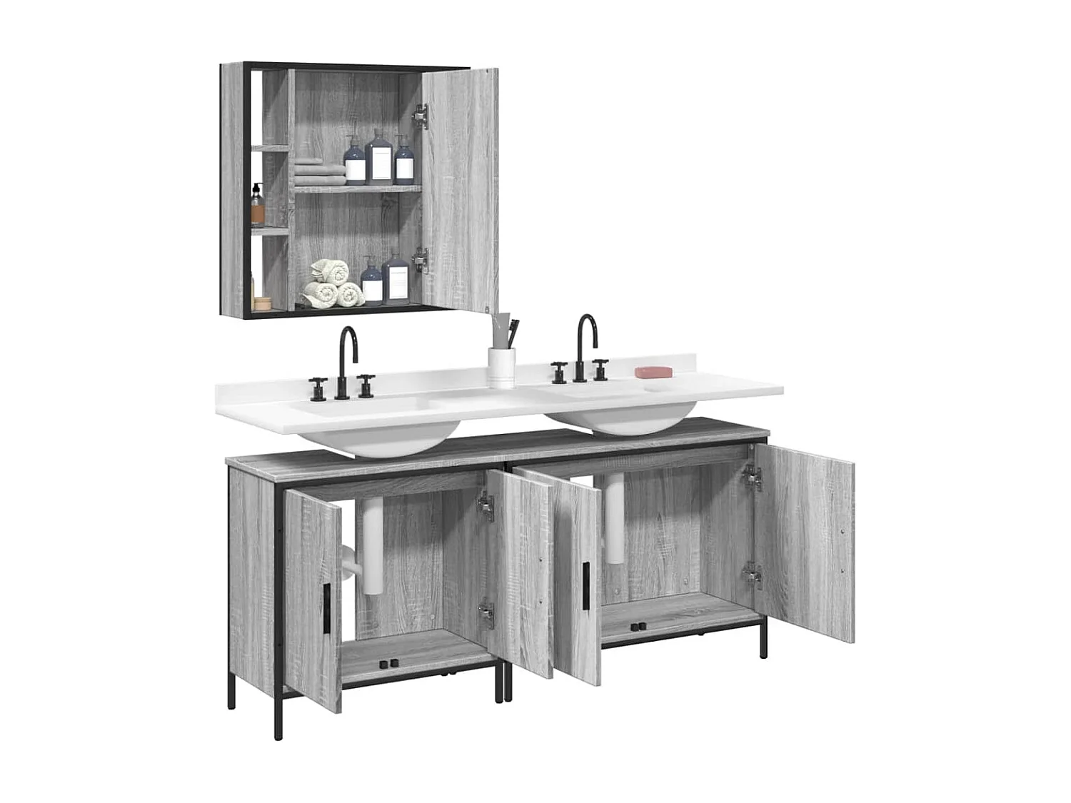 3 pcs conjunto móveis WC derivados de madeira cinzento sonoma PT105872