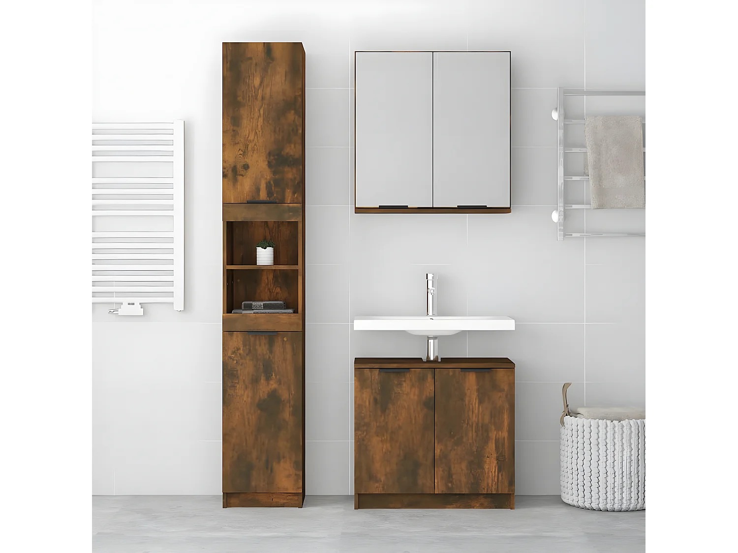 Ensemble d'armoires de salle de bain 3 pcs chêne fumé FR73606