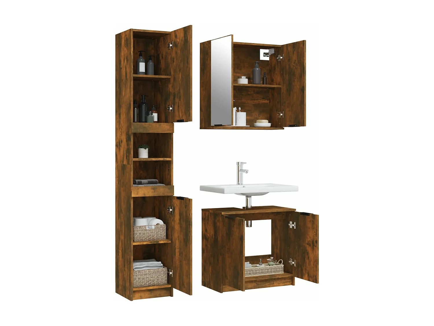 Ensemble d'armoires de salle de bain 3 pcs chêne fumé FR73606