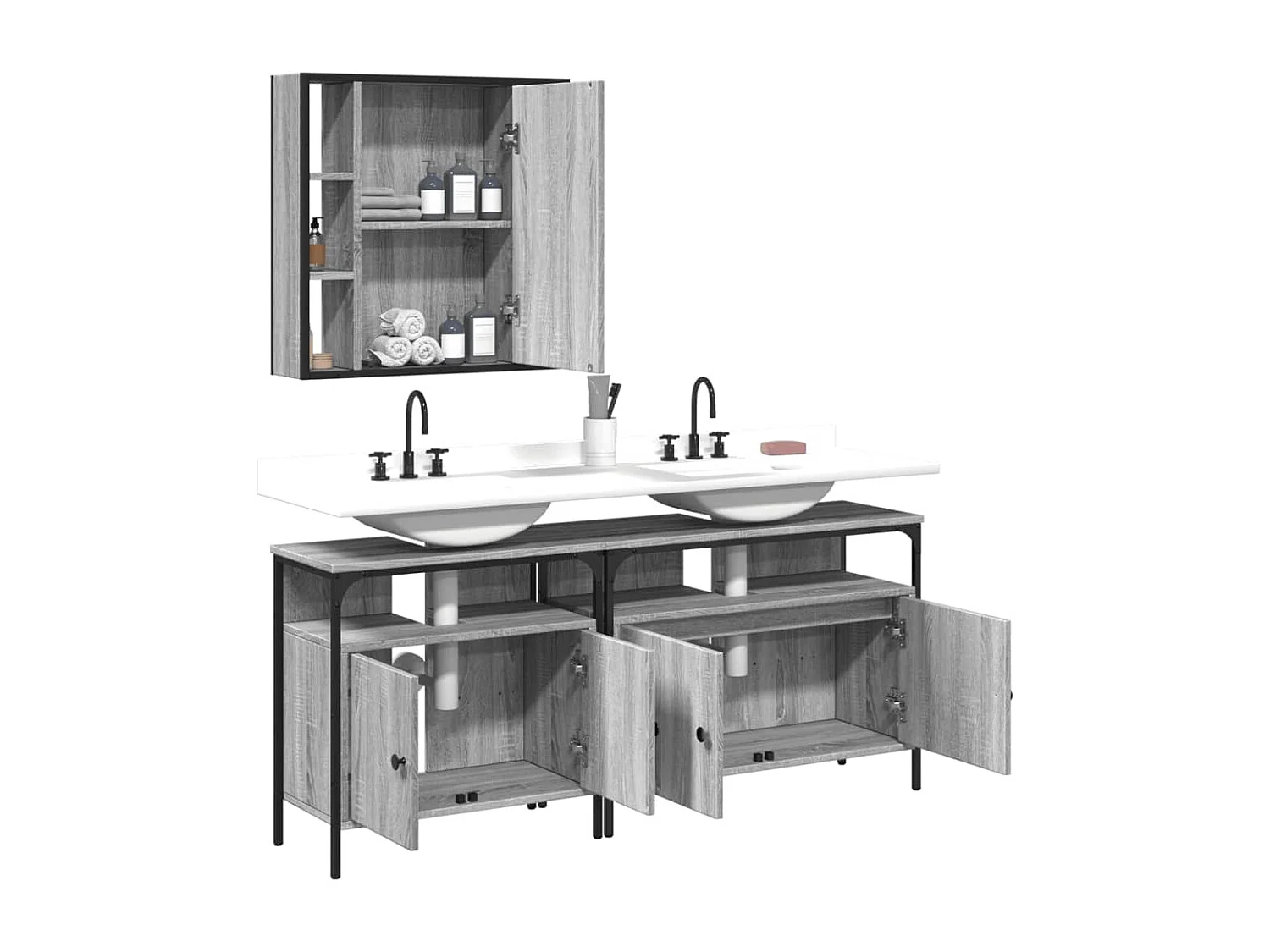 3 pcs conjunto móveis WC derivados de madeira cinzento sonoma PT297805