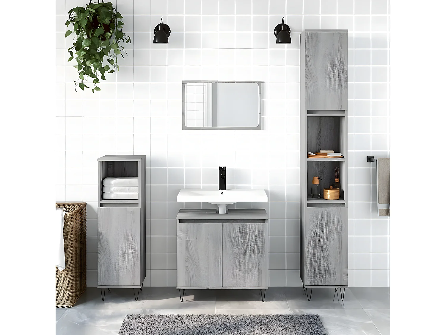 3 pcs conjunto móveis WC derivados de madeira cinzento sonoma PT947265