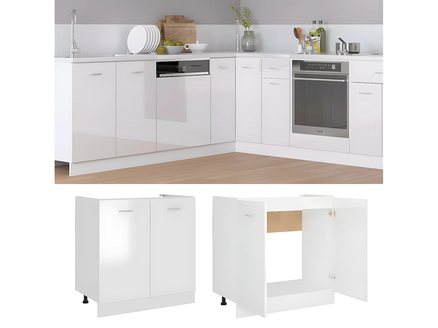 Meuble sous évier Blanc brillant Bois d’ingénierie FR89076