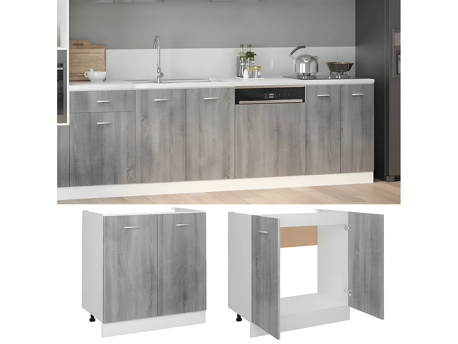 Armario bajo fregadero madera ingeniería gris 80x46x81,5 cm ES347665