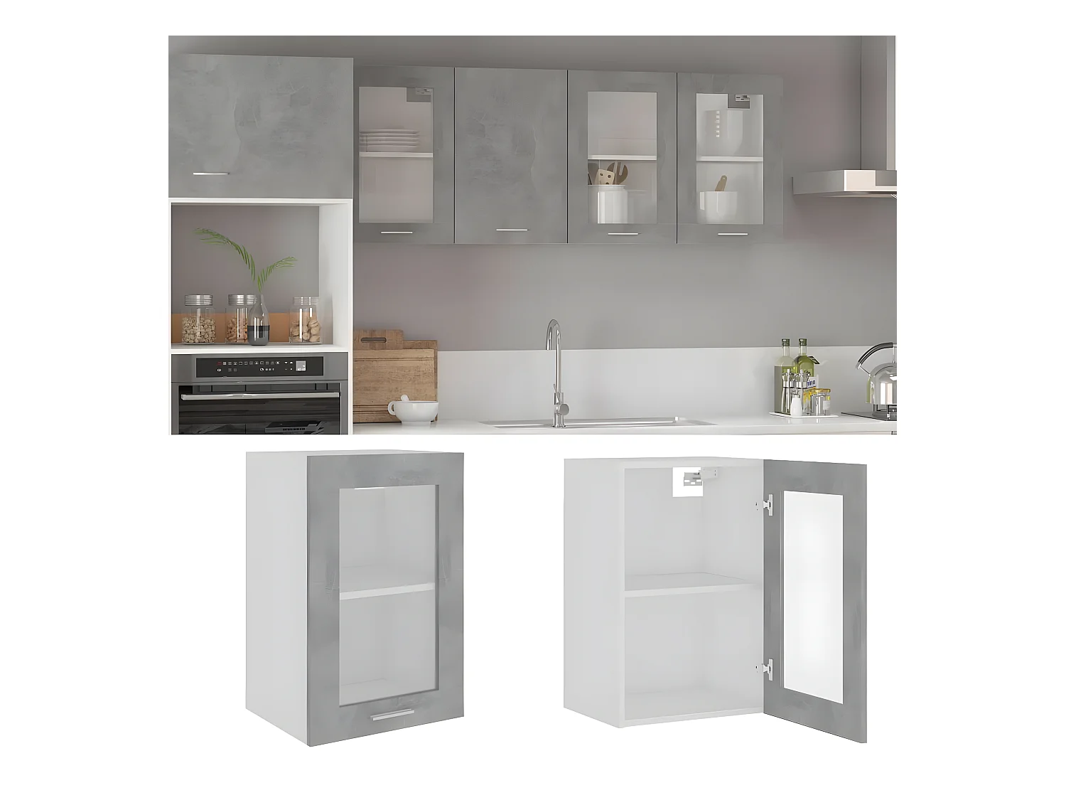 Armoire en verre suspendue Gris béton Bois d'ingénierie FR12273