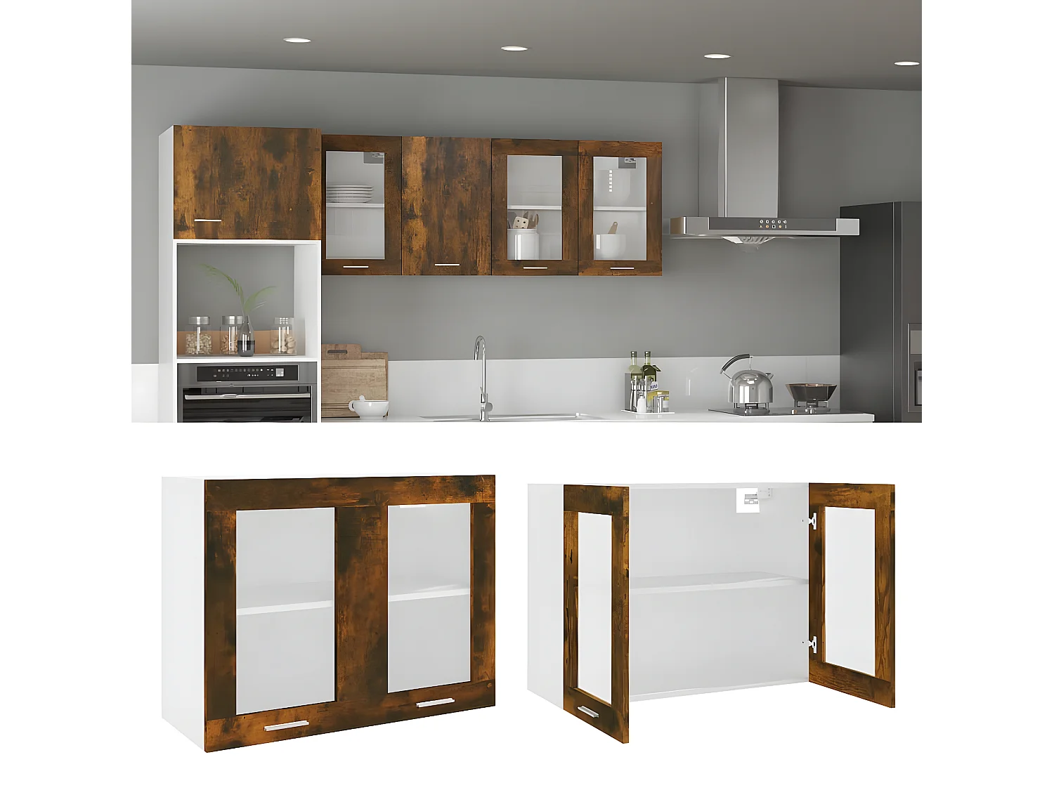 Armoire en verre suspendue Chêne fumé 80x31x60 cm FR65526