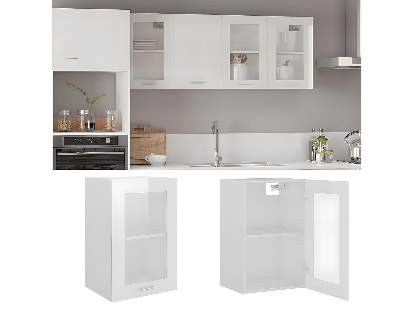 Armario Vajilla Cristal Armario Cocina Con Vidrio R-Line - 60 Cm,  Blanco/Antracita, Módulo Colgante Gabinete Cocina Modular R-Line Estante, image size:1400x1050