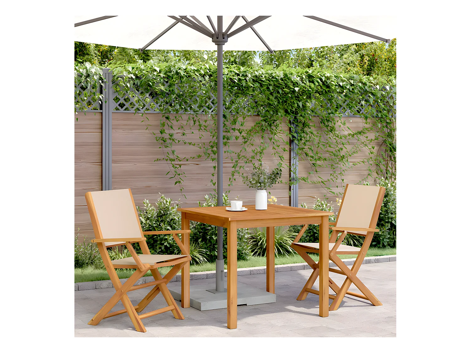 Lot de 2 Chaises de jardin beige bois d'acacia massif et tissu FR68618