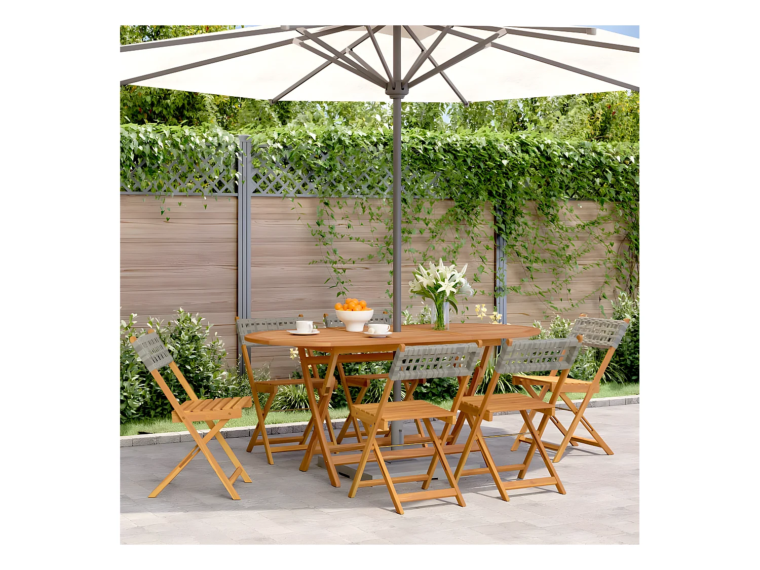 Lot de 6 Chaises de jardin pliantes gris poly rotin bois massif FR55707