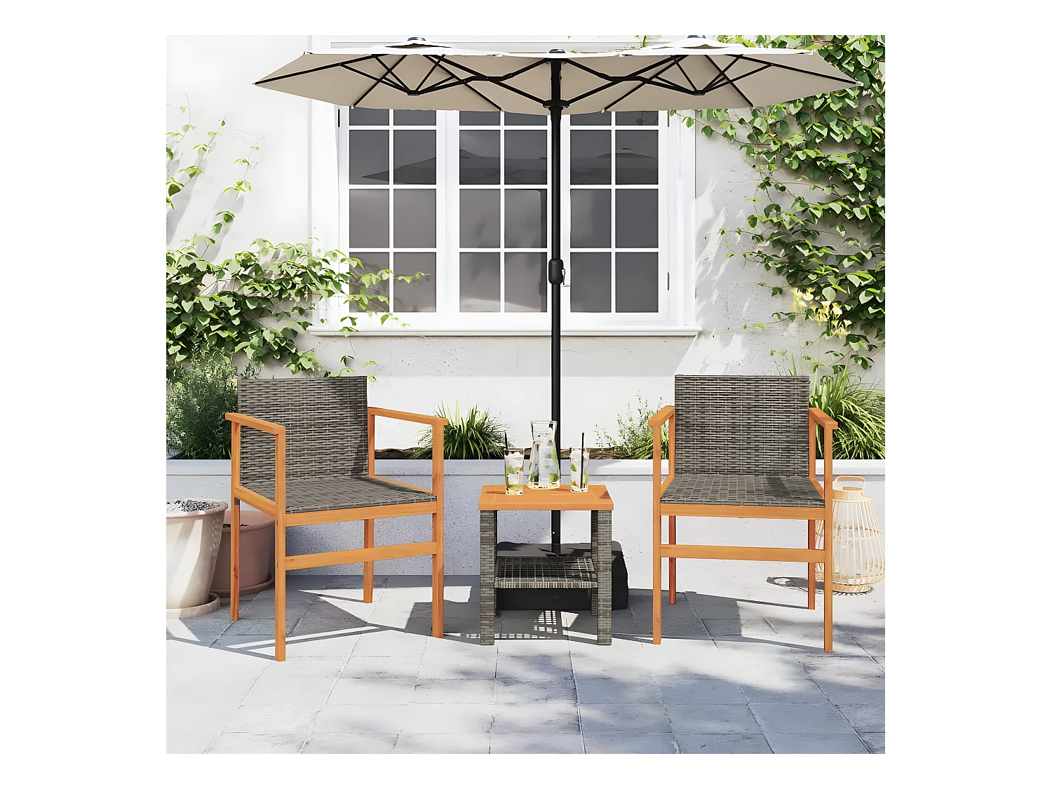 Lot de 2 Chaises de jardin gris résine tressée et bois massif FR82585