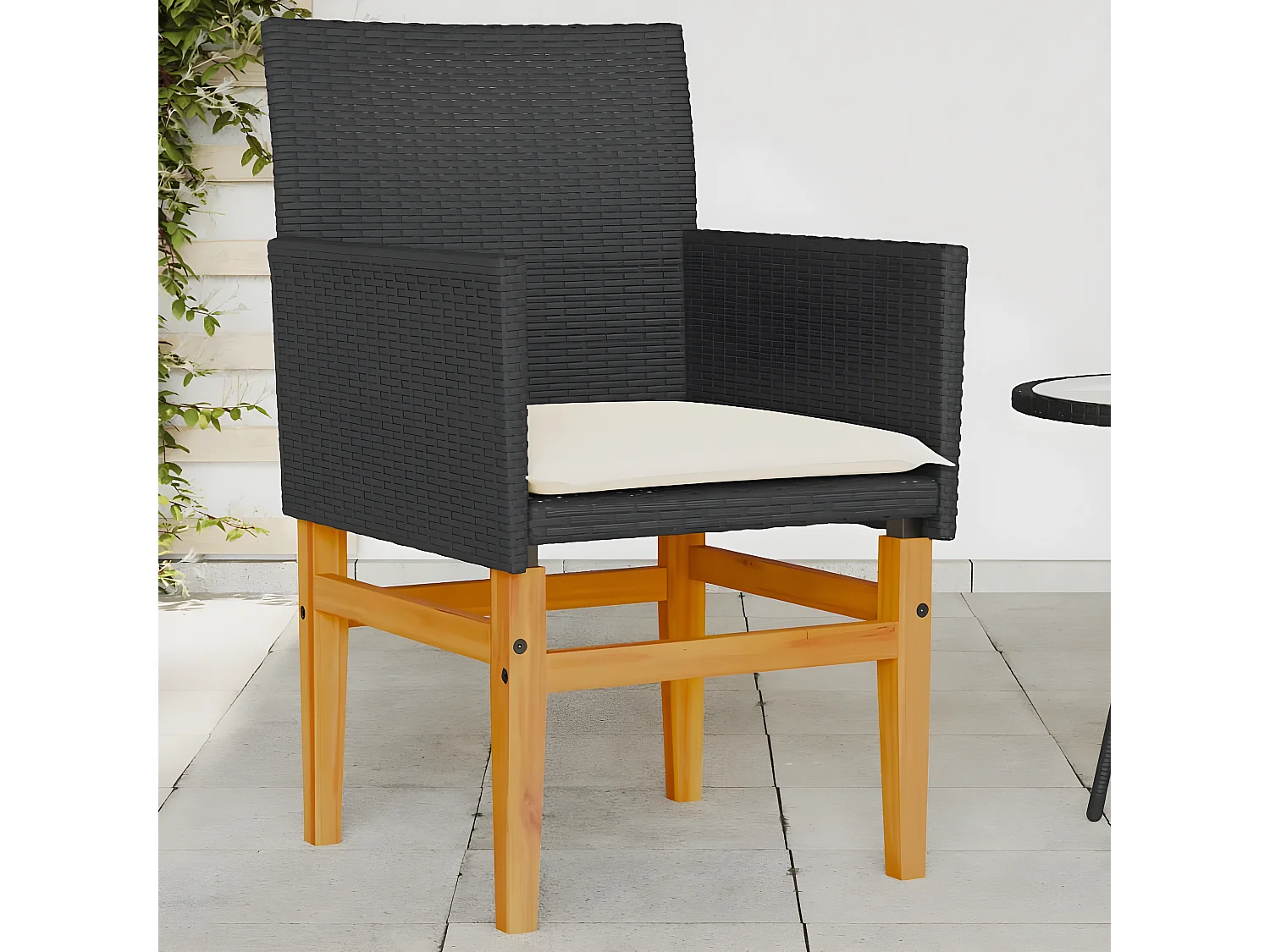 Cadeiras de jardim c/ almofadões 2 pcs vime PE/madeira preto PT932958