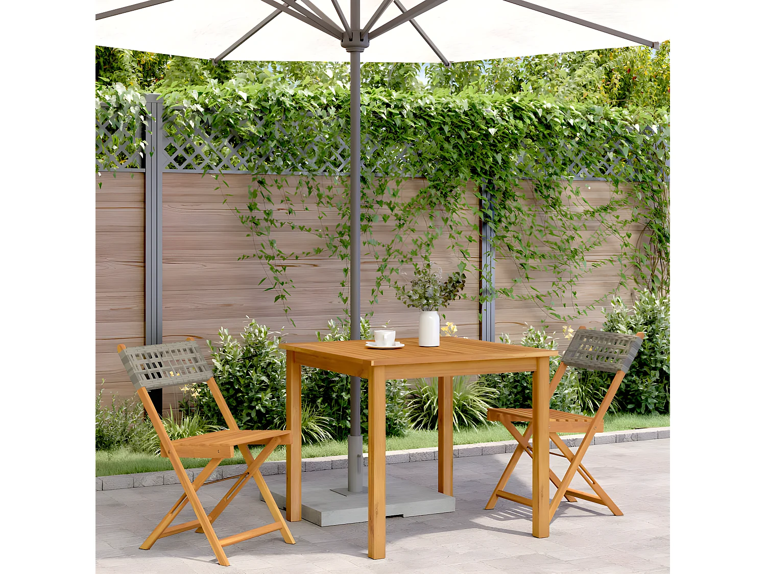 Lot de 2 Chaises de bistrot gris bois massif d'acacia et rotin FR19419