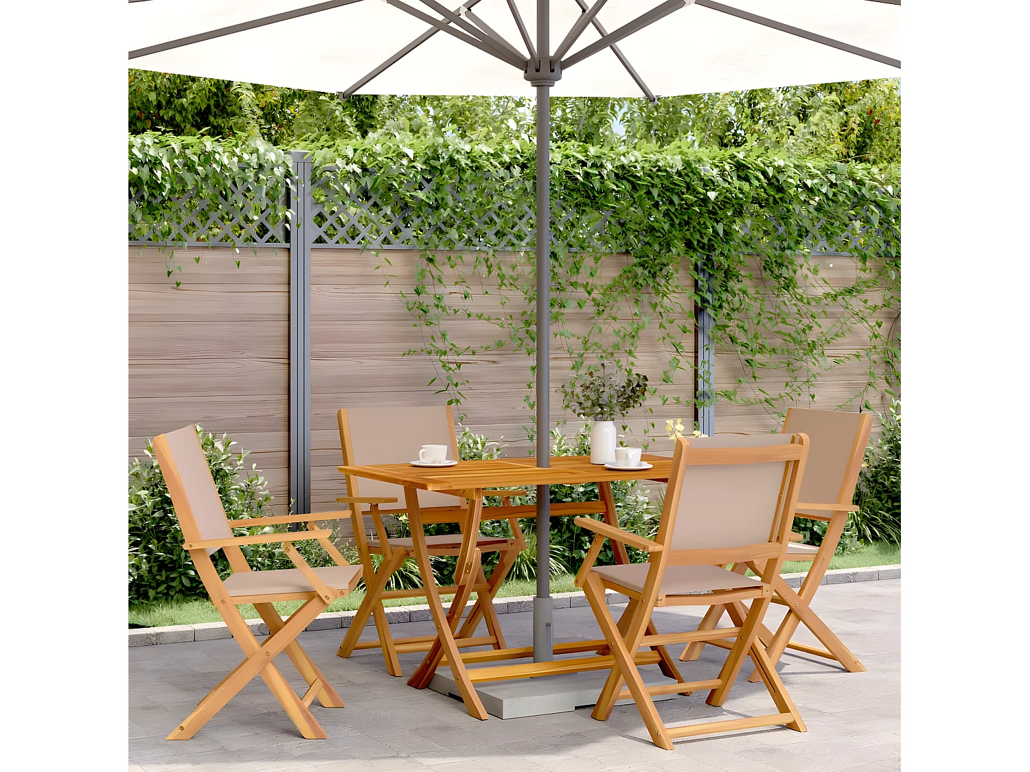 Lot de 4 Chaises de jardin pliantes taupe tissu et bois massif FR94160