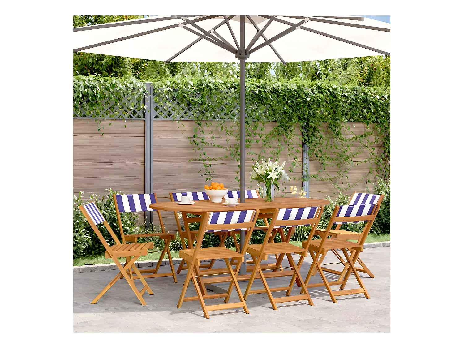 Cadeiras de jardim dobráveis 8 pcs tecido/madeira azul e branco PT589829