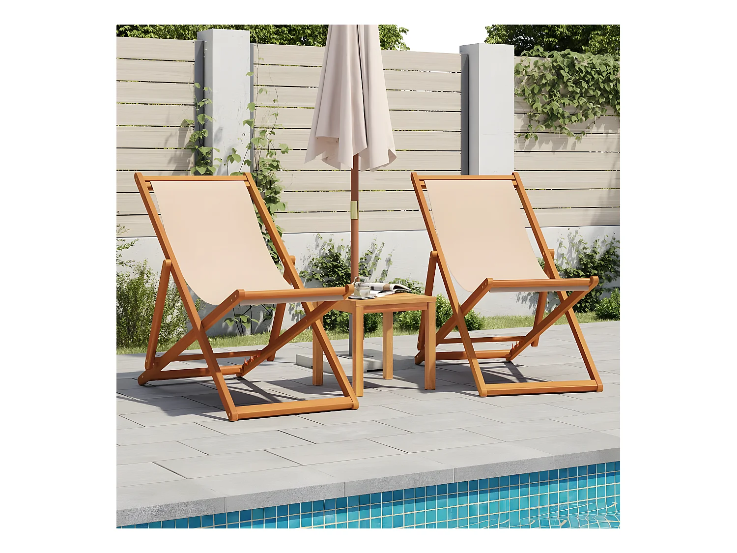 Chaise pliable de plage beige bois massif d'eucalyptus et tissu FR64631