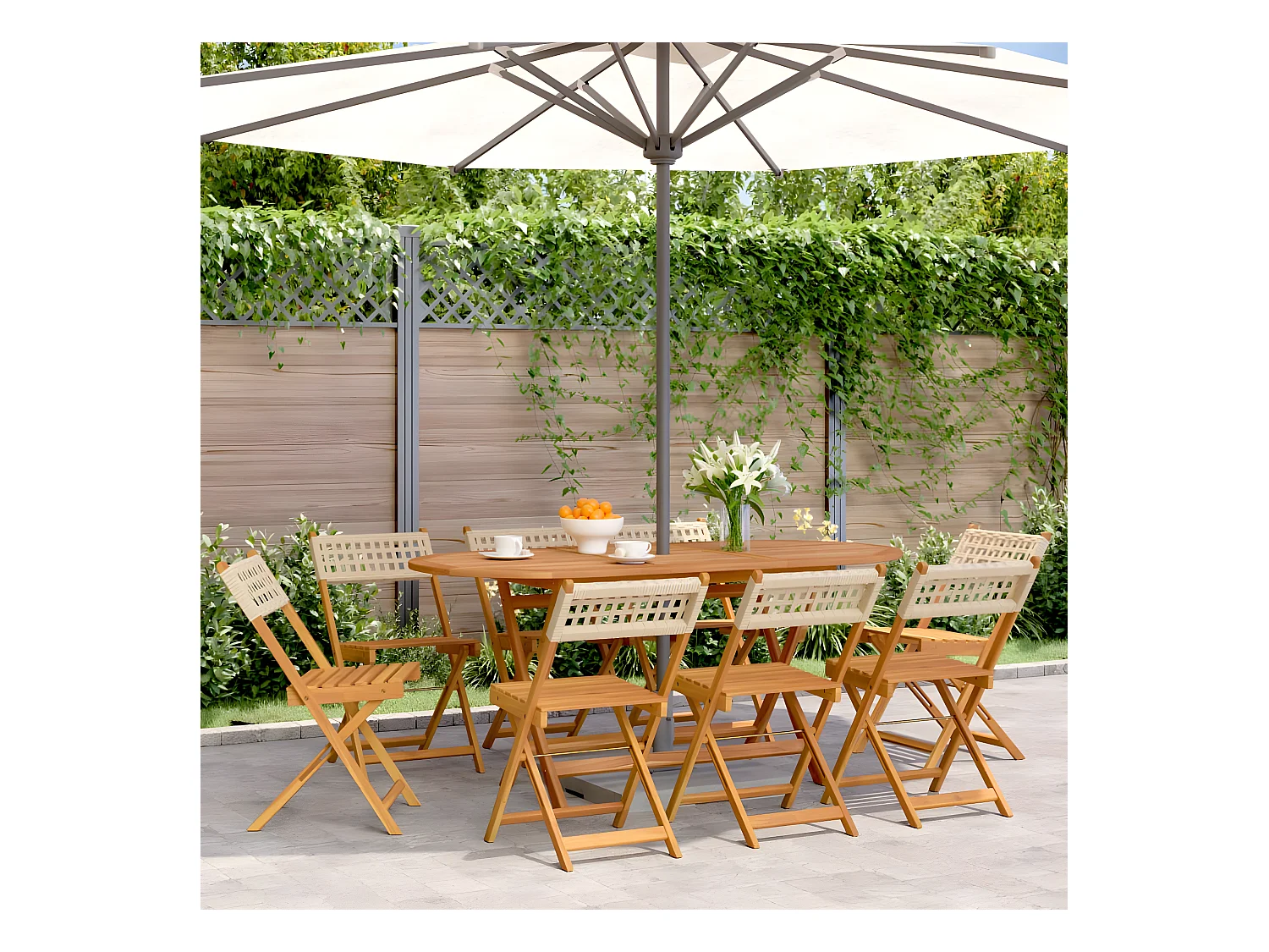 Lot de 8 Chaises de jardin pliantes beige rotin et bois massif FR15736