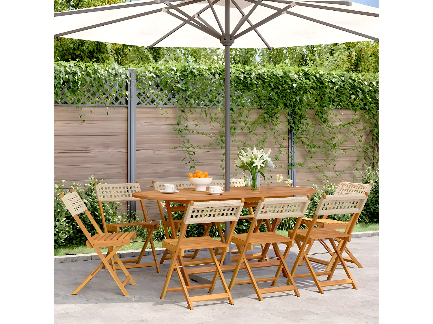 Lot de 8 Chaises de jardin pliantes beige rotin et bois massif FR15736