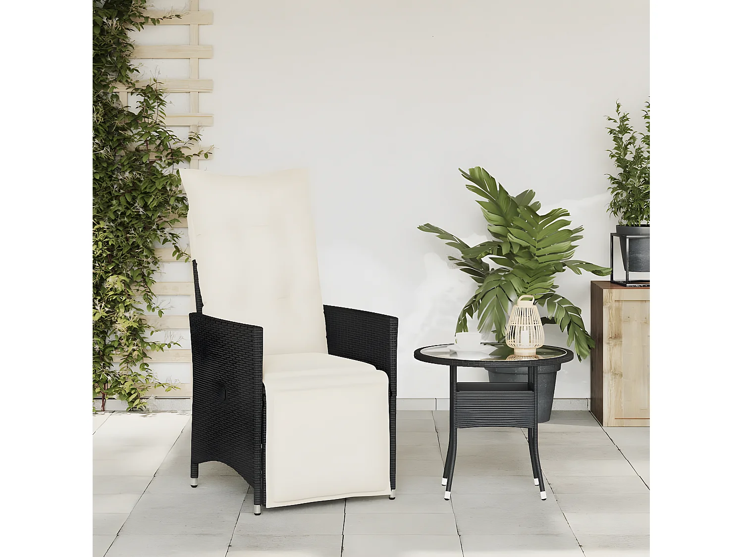 Chaise inclinable de jardin avec coussins noir résine tressée FR46216