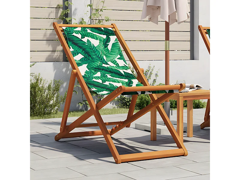Chaise pliable plage motif de feuilles bois d'eucalyptus/tissu FR44063