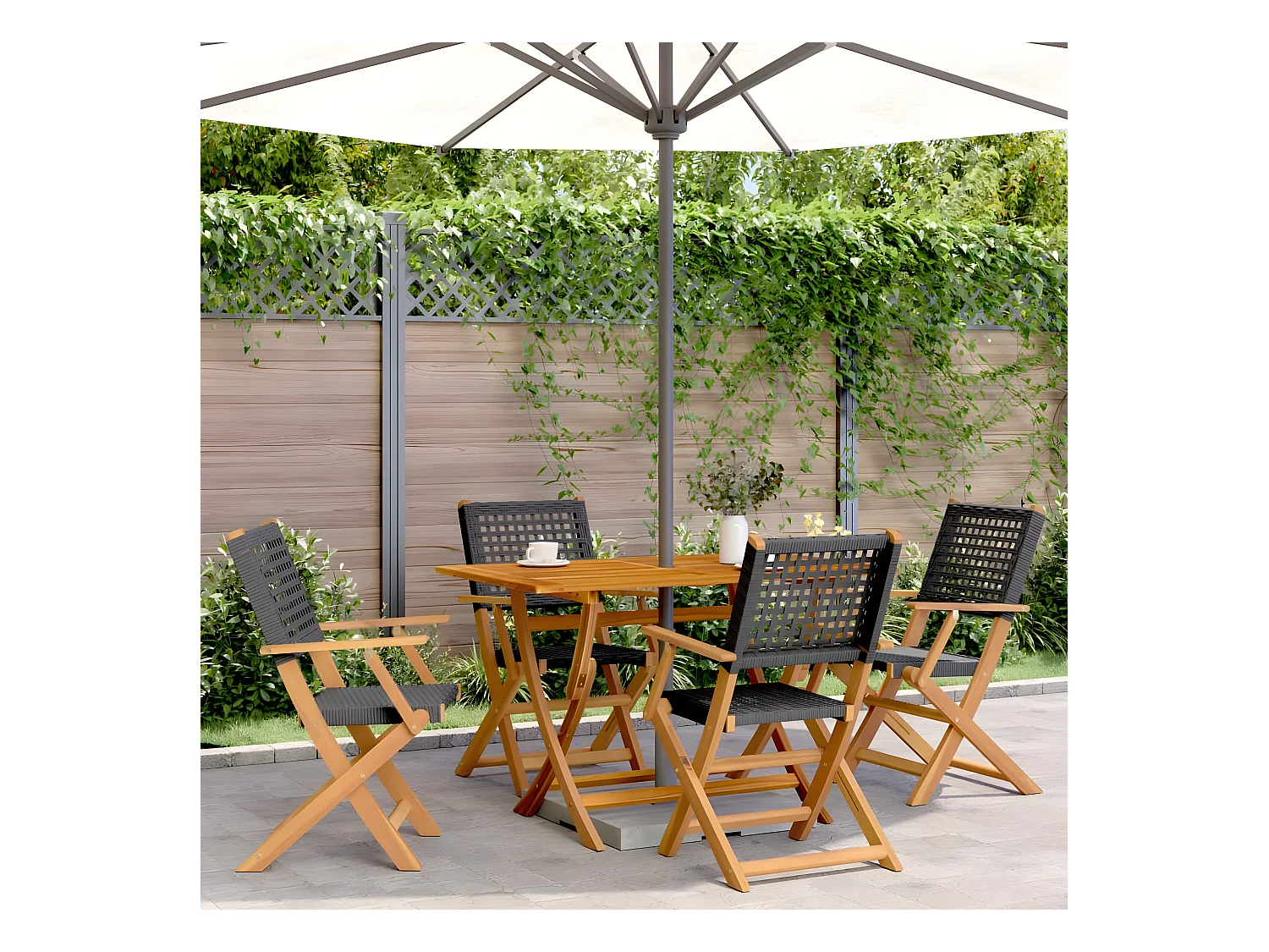 Lot de 4 Chaises de jardin pliantes noir poly rotin bois massif FR96564