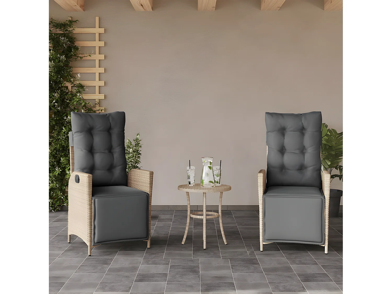 Lot de 2 Chaises inclinables de jardin avec repose-pied rotin FR83990